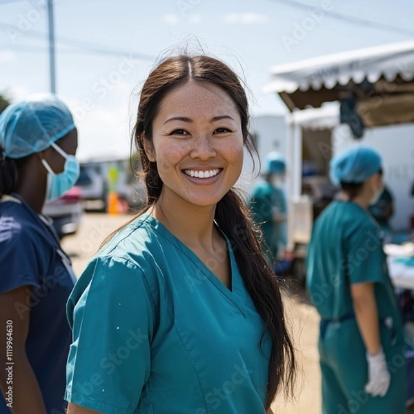 Fototapeta Portrait of smiling asian female doctor providing healthcare in underserved community