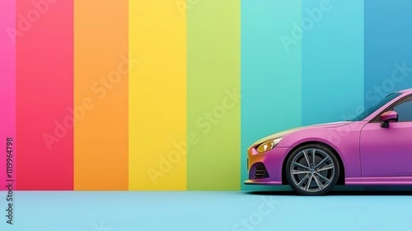 Fototapeta Colorful car body work against vibrant rainbow wall in a creative urban setting