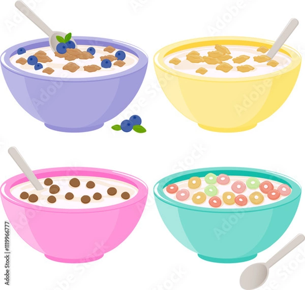Fototapeta Set of bowls of breakfast cereal in different flavors. Cereal breakfast bowl set, cornflakes with milk, chocolate, blueberries fruits. Corn flakes and porridge oatmeal. Vector illustration