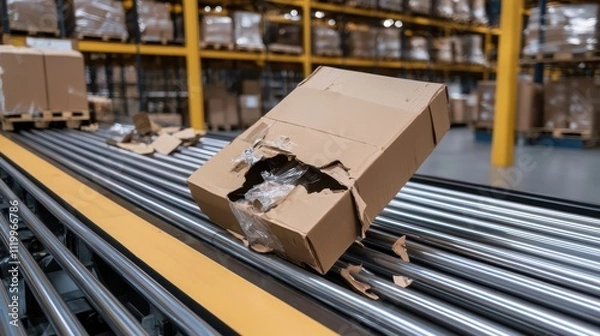 Fototapeta Damaged package on futuristic conveyor belt in warehouse during busy sorting operation