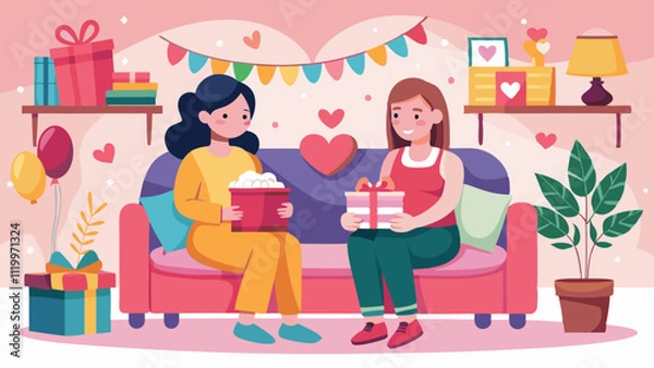Fototapeta Two smiling women are sitting on a sofa, exchanging gifts during a valentine's day celebration in a cozy home environment, surrounded by presents and festive decorations