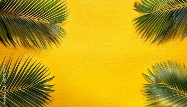 Obraz tropical vacation and beach sand theme yellow background in pop art style with palm tree leaves
