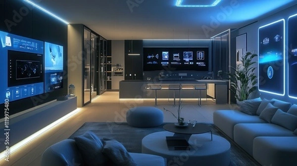 Fototapeta a futuristic smart home with minimalist design, featuring automated lights, simple furniture, and a central touch interface on the wall. 