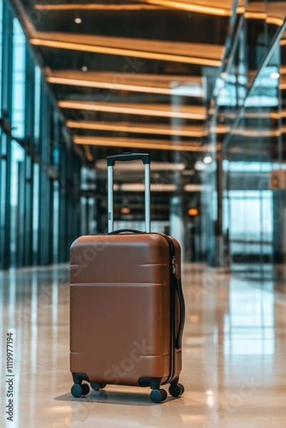 Fototapeta Brown suitcase on wheels positioned in modern airport terminal with glass walls in bright ambient lighting
