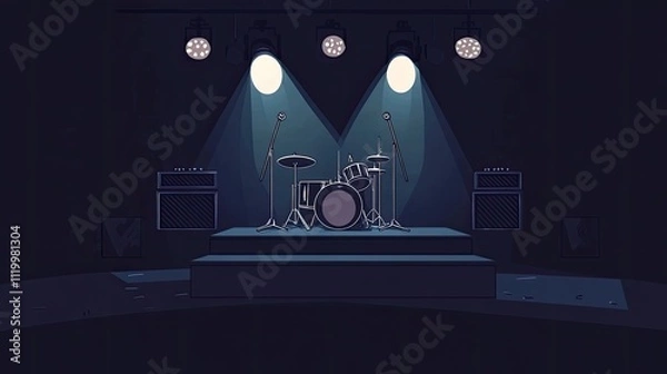 Fototapeta Dark stage with drum kit, spotlights, and amps. (1)