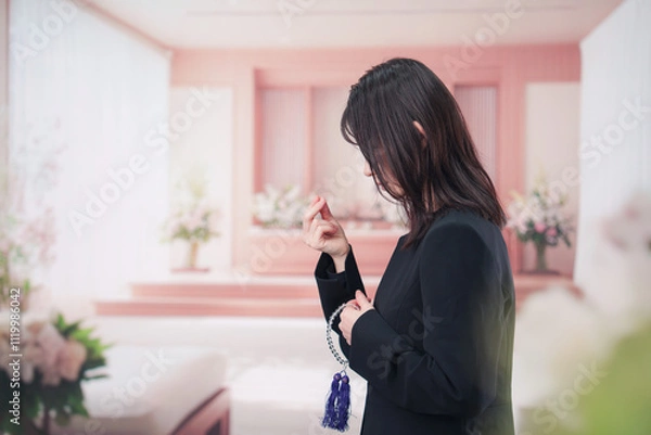 Fototapeta お葬式でお焼香をする女性の参列者
