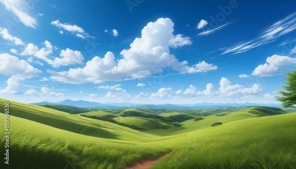 Fototapeta anime style background of rolling green hills under a clear blue sky with scattered white clouds open space and tranquility perfect for a cozy and inviting natural landscape