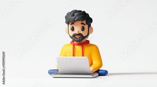 Fototapeta A 3D character with a beard, sitting cross-legged, working on a laptop.