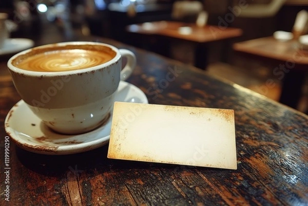 Fototapeta A cup of coffee next to a blank card on a wooden table in a cozy setting.