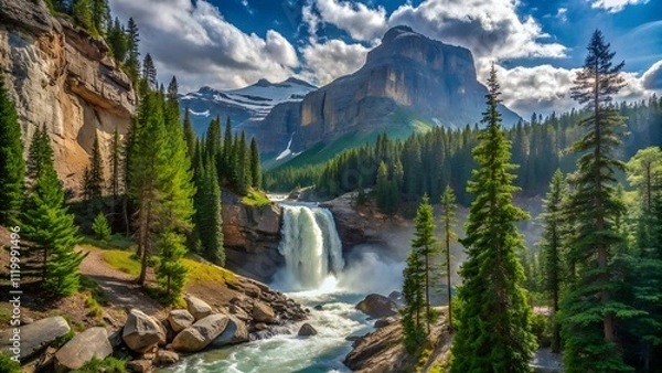 Fototapeta Majestic mountain waterfall in a lush green forest with a bright blue sky and white clouds