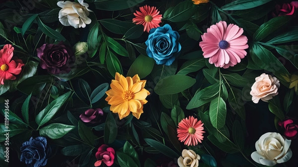 Fototapeta Creative Layout of Flowers and Leaves - Colorful Spring Floral Background with Place for Text