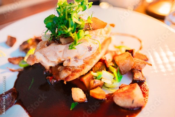 Fototapeta Gourmet Roasted Chicken Breast Garnished with Fresh Greens and Vegetables on a White Plate in a Fine Dining Setting with Elegant Presentation and Rich Culinary Flair