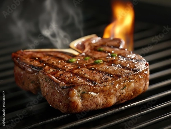 Obraz Sizzling t-bone steak grilling over open flame backyard bbq food smoky atmosphere close-up view culinary delight
