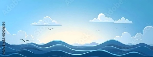 Fototapeta Flat vector illustration of blue ocean waves, simple flat design with a solid background