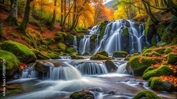 Fototapeta Scenic view of a cascading waterfall in a lush forest during autumn foliage