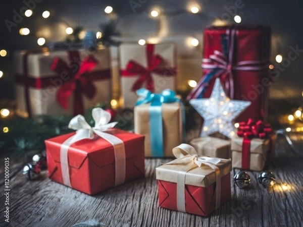 Fototapeta Elegant Christmas Gift Boxes Wrapped in Kraft Paper with Red and Silver Ribbons, Pine Cones and Evergreen Decorations on Rustic Wooden Table with Bokeh Lights Background