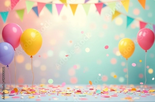 Obraz  Festive background with markings for text - balloons, confetti, flags and garlands 