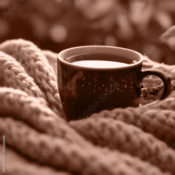 Fototapeta Mocha Mousse background Color of 2025 year. A Dark Mug with Tea or Coffee stands on a warm Blanket. A Hot Drink on a Cold Day. The Concept is a Lifestyle.