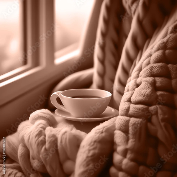 Obraz Mocha Mousse background Color of 2025 year. A white cup with hot tea on a saucer stands by the window on a warm plaid. The concept is a lifestyle.