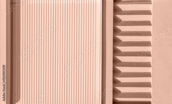 Obraz Mocha Mousse background Color of 2025 year. Beige exterior stucco wall with repeating details and blinds at the top. Rough surface in the sun with shadows. Rough texture and background for design. 