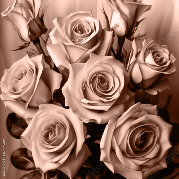 Fototapeta Mocha Mousse background Color of 2025 year. Bouquet of roses. Romance of Valentine's Day.