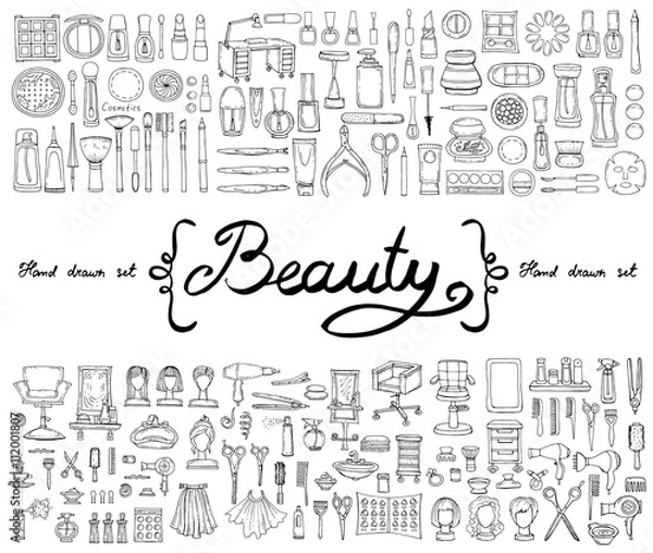 Fototapeta Vector set with hand drawn isolated doodles of cosmetics and symbols of beauty. Sketches for use in design