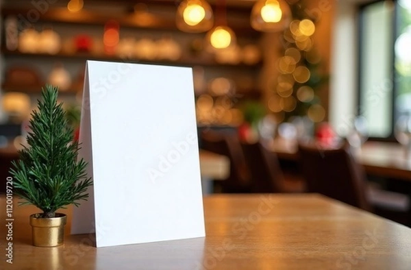 Fototapeta vertical white menu board with space for text stands on a wooden table, next to a small Christmas tree, on a blurred background of a restaurant or cafe
