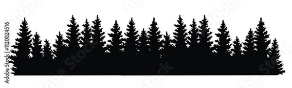 Fototapeta Fir trees silhouette Coniferous spruce horizontal background pattern black evergreen woods vector illustration beautiful hand drawn panorama with treetops forest