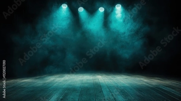 Fototapeta An empty stage illuminated by three bright spotlights with a prominent smoky atmosphere, suggesting a dramatic setup for performance or photography session.