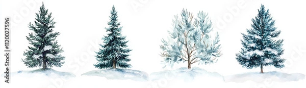 Fototapeta Watercolor winter pine trees in various styles, showcasing their beauty in snowy landscape. Perfect for seasonal decor and nature themed designs