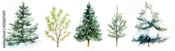 Fototapeta Watercolor illustration of winter trees, including pine and spruce, showcasing various shades of green and snow. serene and peaceful winter scene