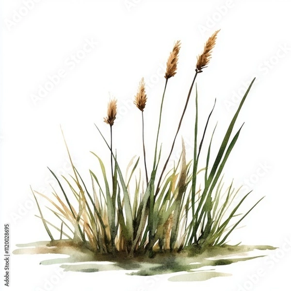 Obraz Simple Watercolor Clip Art of Small Grases and Reeds in Lake Style on White Background