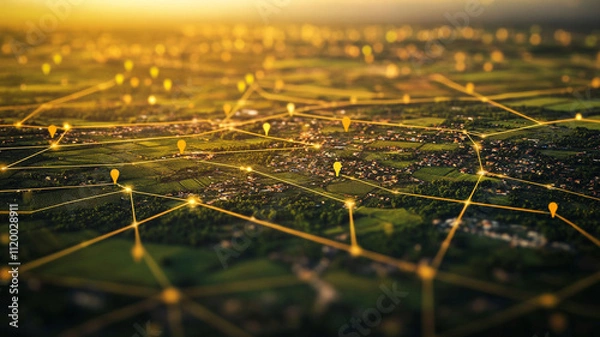 Fototapeta network of digital connections connecting various locations in vibrant landscape, showcasing integration of technology and nature. golden hues enhance visual appeal