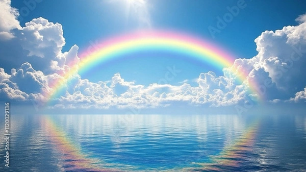 Fototapeta rainbow arching over ocean reflects beautifully in calm water, surrounded by fluffy clouds and bright blue sky, creating serene and uplifting atmosphere