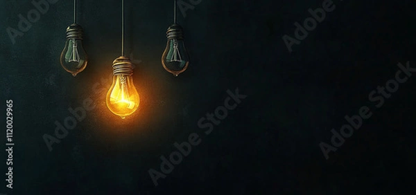 Fototapeta row of light bulbs with one glowing bright, illuminating dark space. contrast creates warm and inviting atmosphere, perfect for various settings
