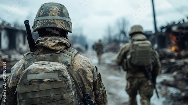 Fototapeta A group of heavily equipped soldiers advances through a war-torn area, showcasing a war scene with destroyed structures and desolation surrounding them.