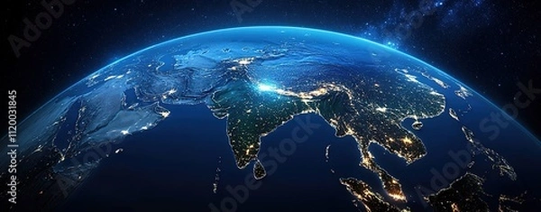Fototapeta A realistic depiction of the Earth seen from space, highlighting India's presence in blue lighting. 