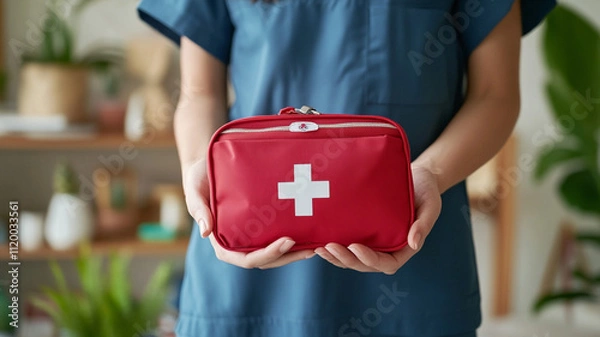 Fototapeta Close up of hands holding red first aid kit, symbolizing health and safety. kit features white cross, ideal for emergencies and medical needs