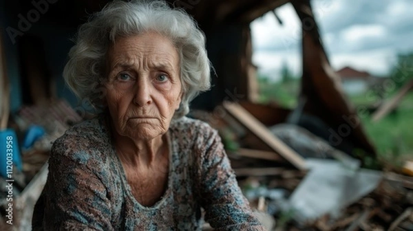 Fototapeta An elderly woman in a textured sweater sits solemnly in front of a backdrop of rubble, highlighting themes of loss, reflection, and resilience during hardship.