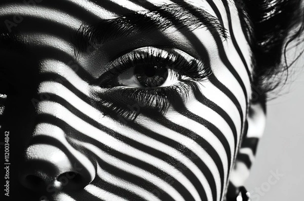 Obraz Close-up of a woman's face, double exposure with a striped shadow pattern