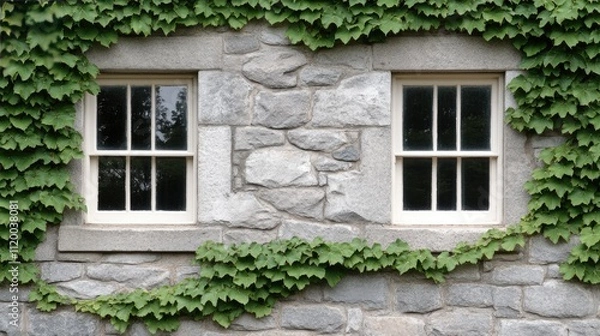 Fototapeta Three wooden framed windows are seen against a textured stone wall covered with lush green ivy, creating a serene and natural aesthetic in a quiet environment.