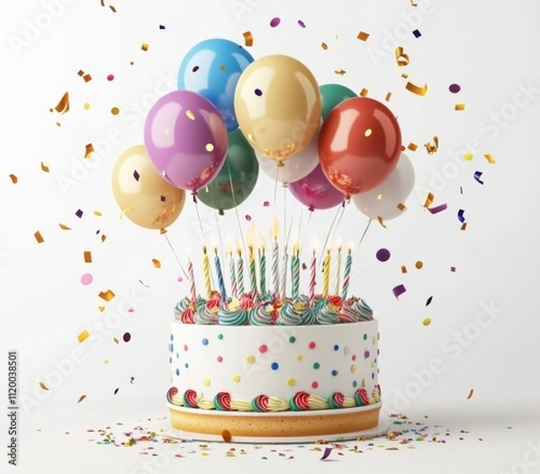 Obraz 3D Realistic Birthday Balloons and Cake. High Resolution Holiday Illustration with Lens Focus on White Background.