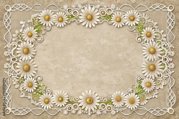 Fototapeta Victorian style floral vintage frame with white daisies and green leaves on an aged background. The greeting card is perfect for adding elegance and romance to your projects
