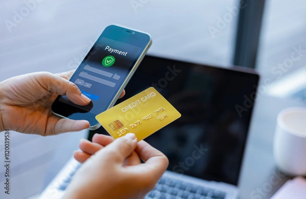 Obraz Online banking transaction concept, Woman with credit card using smart phone and shopping online, Ecommerce and secure mobile banking concept, Making online payments.