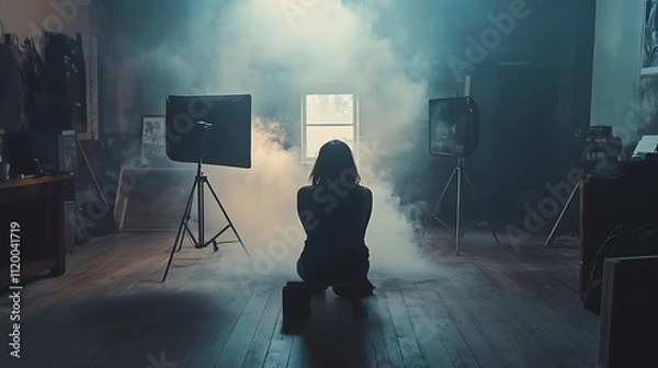 Fototapeta A woman sits in a dark studio filled with smoke, illuminated by a single window and surrounded by photography equipment.
