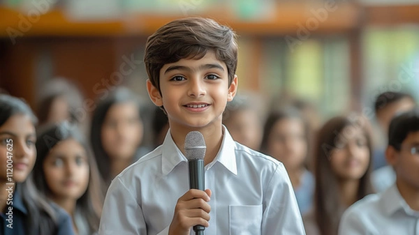 Fototapeta A handsome young Indian boy in school uniform is giving a speech with a microphone to a group of students in a meeting room.