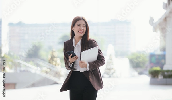 Obraz Confident Asian businesswoman standing on a busy city street with a smartphone in her hand, stylish and professional, representing the modern entrepreneur.