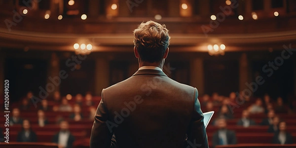 Fototapeta  Businessman holding a tablet giving presentation in a conference hall full of audience Ocean Breeze Teal navy seafoam sand beige Baroque