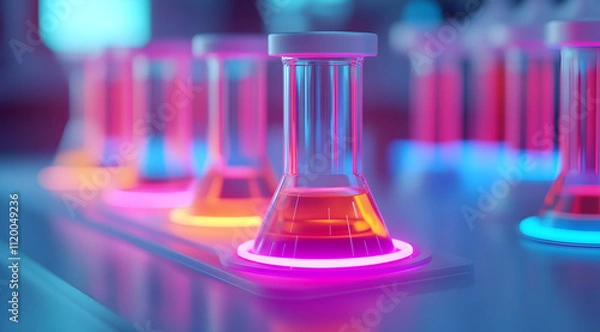 Fototapeta A vibrant laboratory scene featuring glowing test tubes filled with colorful liquids, showcasing a scientific and futuristic atmosphere.