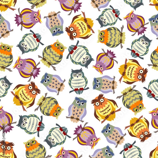 Fototapeta Cartoon colorful owls seamless pattern background